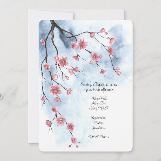 Japanse Sakura Bloesems Branch Blauwe lucht Aankondiging (Achterkant)