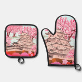 Japanse Sakura Castle Art – Cherry Blossom Spring Ovenwant & Pannenlap Set (Voorkant)