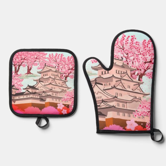 Japanse Sakura Castle Art – Cherry Blossom Spring Ovenwant & Pannenlap Set (Voorkant)
