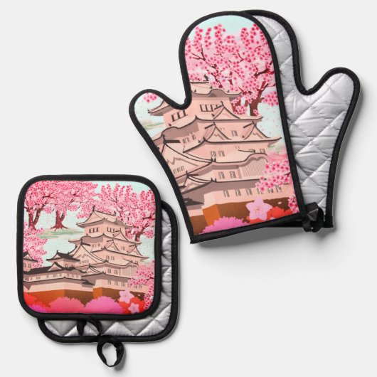 Japanse Sakura Castle Art – Cherry Blossom Spring Ovenwant & Pannenlap Set (Voorkant / Achterkant)