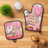 Japanse Sakura Castle Art – Cherry Blossom Spring Ovenwant & Pannenlap Set (Top down)