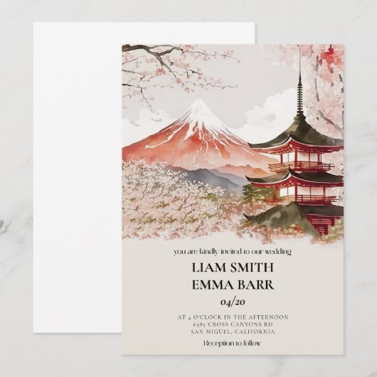 Japanse Sakura Cherry Blossom Wedding Uitnodiging (Voorkant / Achterkant)