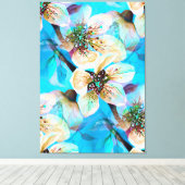 Japanse Sakura Cherry Tree Flowers in Aqua Blue Canvas Afdruk (Insitu (Houten vloer))