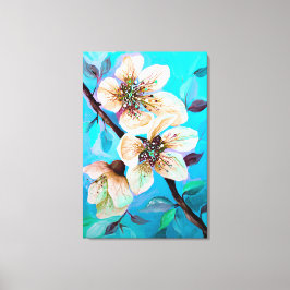 Japanse Sakura Cherry Tree Flowers in Aqua Blue Canvas Afdruk