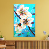 Japanse Sakura Cherry Tree Flowers in Aqua Blue Canvas Afdruk (Insitu (Woonkamer))
