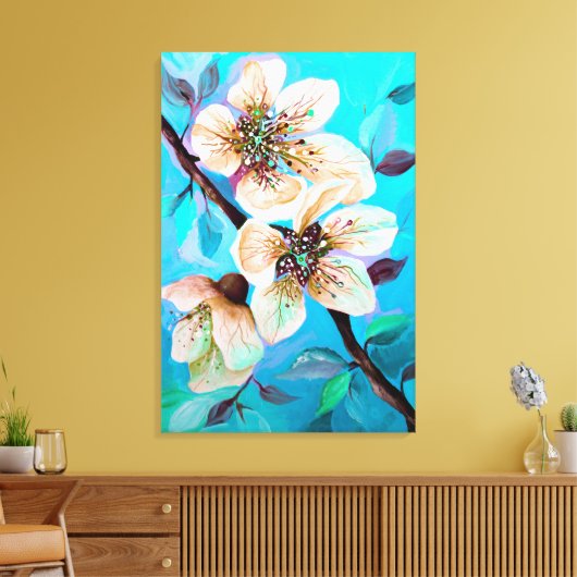 Japanse Sakura Cherry Tree Flowers in Aqua Blue Canvas Afdruk (Insitu (Woonkamer))