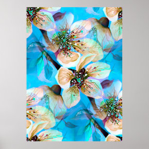 Japanse Sakura Cherry Tree Flowers in Aqua Blue Poster