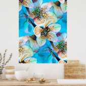 Japanse Sakura Cherry Tree Flowers in Aqua Blue Poster (Keuken)