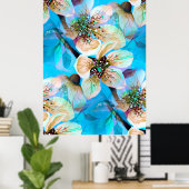 Japanse Sakura Cherry Tree Flowers in Aqua Blue Poster (Thuiskantoor)