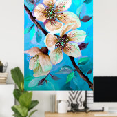 Japanse Sakura Cherry Tree Flowers in Aqua Blue Poster (Thuiskantoor)