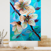 Japanse Sakura Cherry Tree Flowers in Aqua Blue Poster (Keuken)