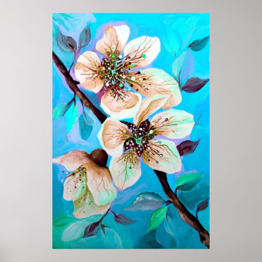 Japanse Sakura Cherry Tree Flowers in Aqua Blue Poster (Voorkant)