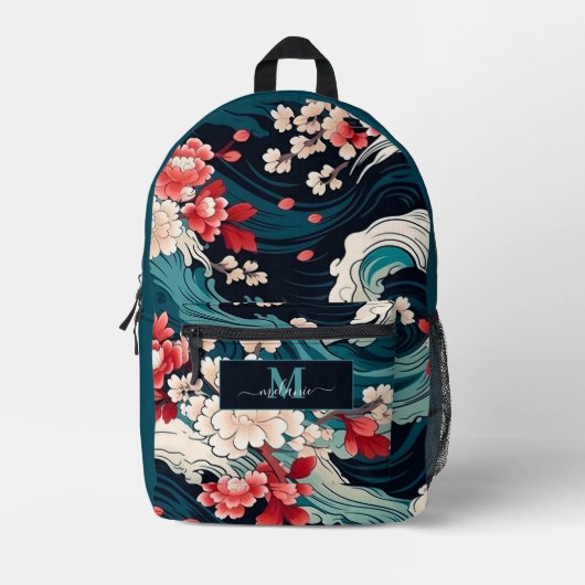 Japanse Sakura Golven Navy Monogram Naam Rugzak (Voorkant)