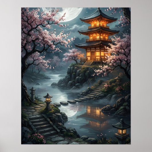 Japanse Sakura in het maanlicht Poster (Voorkant)