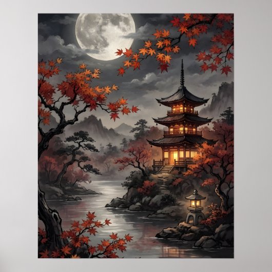 Japanse Sakura in het maanlicht Poster (Voorkant)