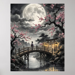 Japanse Sakura in het maanlicht Poster