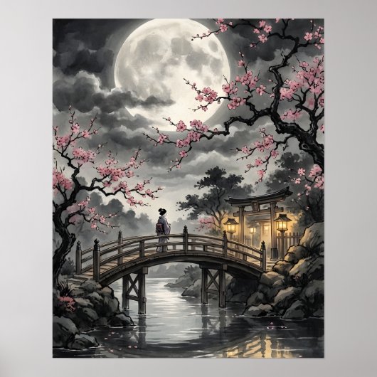 Japanse Sakura in het maanlicht Poster (Voorkant)