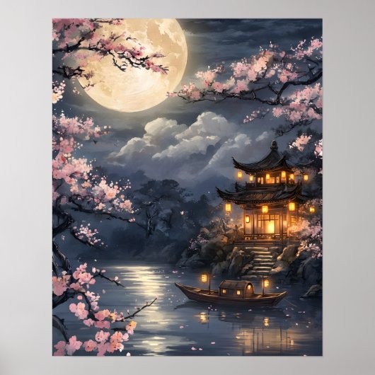 Japanse Sakura in het maanlicht Poster (Voorkant)