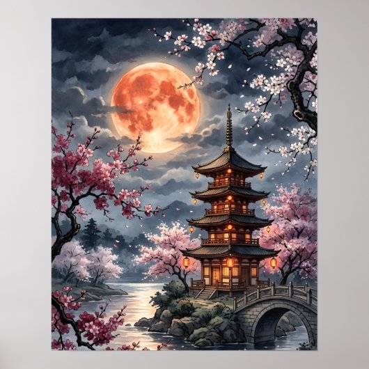 Japanse Sakura in het maanlicht Poster (Voorkant)