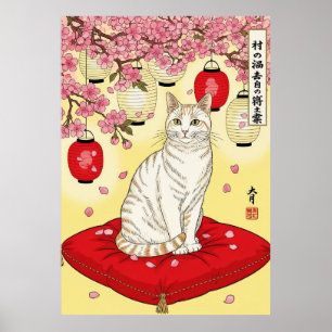 Japanse Sakura Kat Kunst Rode Kussen Lantaarns Poster
