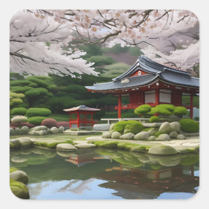 Japanse Sakura Kersenbloesem Tuin Schrijn Vijver Vierkante Sticker