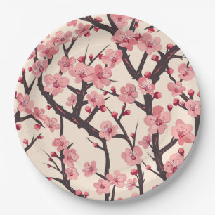 Japanse Sakura Roze Bloesem Donkere Tak Crème Papieren Bordje