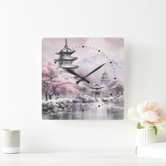 Japanse Sakura Tree Pagode en Brug Roze Grijs Vierkante Klok (Huis)