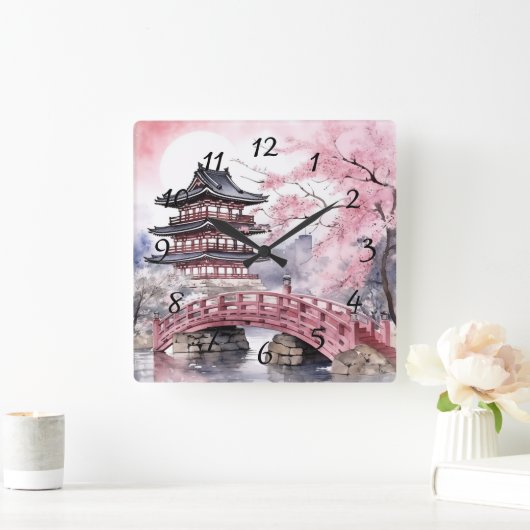 Japanse Sakura Tree Pagode en Brug Roze Grijs Vierkante Klok (Huis)