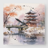 Japanse Sakura Tree Pagode en Brug Roze Grijs Vierkante Klok (Voorkant)