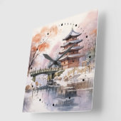 Japanse Sakura Tree Pagode en Brug Roze Grijs Vierkante Klok (Hoek)