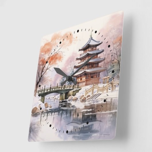 Japanse Sakura Tree Pagode en Brug Roze Grijs Vierkante Klok (Hoek)