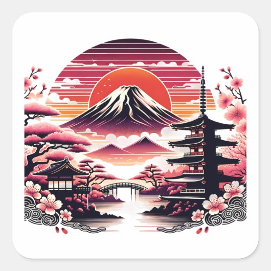 Japanse Sakura Tuin Mount Fuji Kersenbloesem Vierkante Sticker (Voorkant)