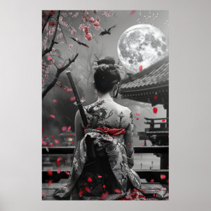 Japanse samoerai vrouw met tatoeage onder volle ma poster