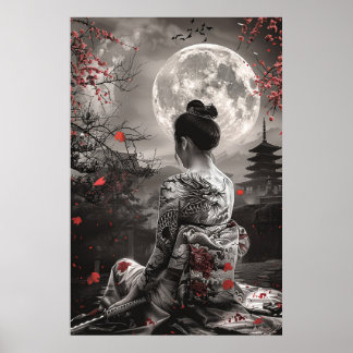 Japanse samoerai-vrouw met tatoeage onder volle ma poster