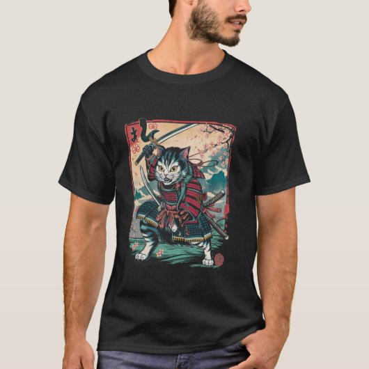 Japanse Samurai Kat Ninja Kat T-shirt (Voorkant)