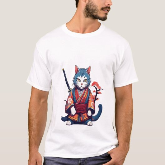 Japanse Samurai Kat Ninja Krijger T-Shirt (Voorkant)