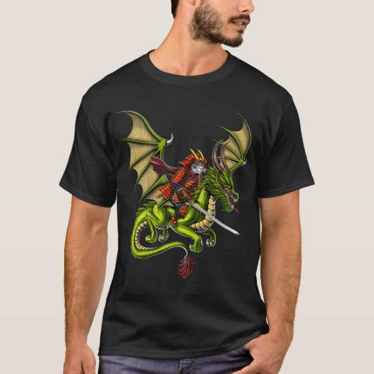 Japanse Samurai Kat op Draakrijdend T-shirt (Voorkant)
