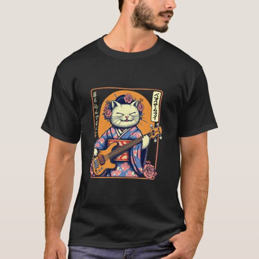 Japanse Samurai Kat Speelt De Bas T-shirt (Voorkant)