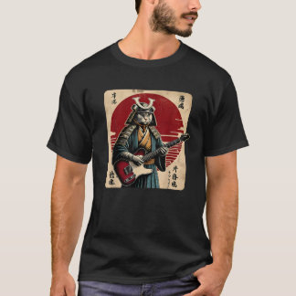 Japanse Samurai Kat Speelt Elektrische Gitaar Retr T-shirt