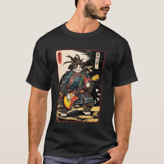 Japanse Samurai Kat Speelt Elektrische Gitaar Ukiy T-shirt