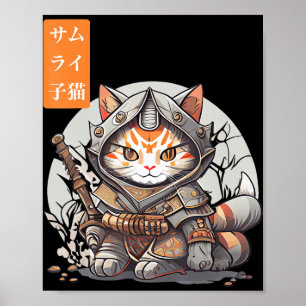 Japanse Samurai Krijger Kawaii Kat Anime Liefhebbe Poster