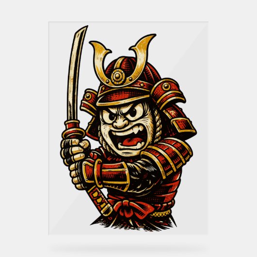 Japanse Samurai Krijger Rode Pantser Cartoon Kunst Acryl Bord (Voorkant)