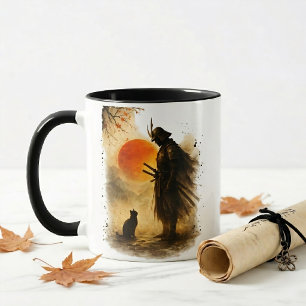 Japanse Samurai Krijger & Zwarte Kat Koffie Mok