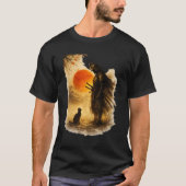 Japanse Samurai Krijger & Zwarte Kat Kunst T-shirt (Voorkant)