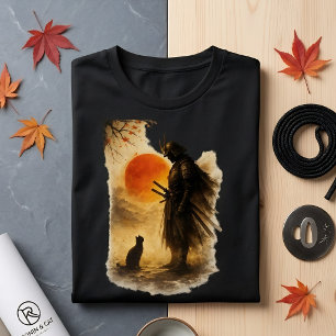 Japanse Samurai Krijger & Zwarte Kat Kunst T-shirt