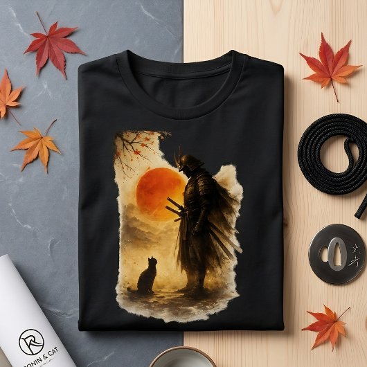 Japanse Samurai Krijger & Zwarte Kat Kunst T-shirt