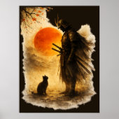 Japanse Samurai Krijger & Zwarte Kat Onder Bloedma Poster (Voorkant)