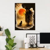 Japanse Samurai Krijger & Zwarte Kat Onder Bloedma Poster (Thuiskantoor)