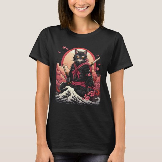 Japanse Samurai Ninja Cat Retro Tattoo Graphic 26 T-shirt (Voorkant)