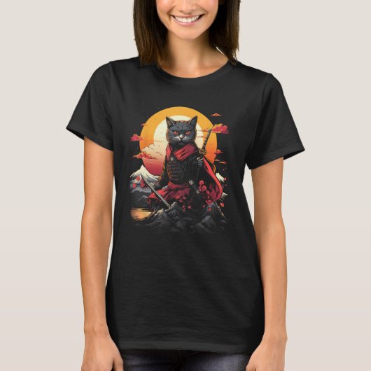 Japanse Samurai Ninja Cat Retro Tattoo Graphic 28 T-shirt (Voorkant)